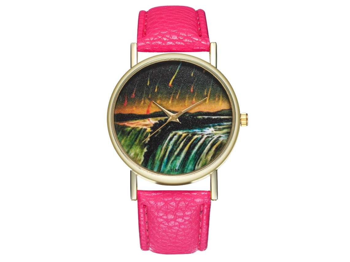Reloj De Cuarzo Con Correa De Cuero Pu Moda Dial Redondo Unisex (rojo Rosa)
