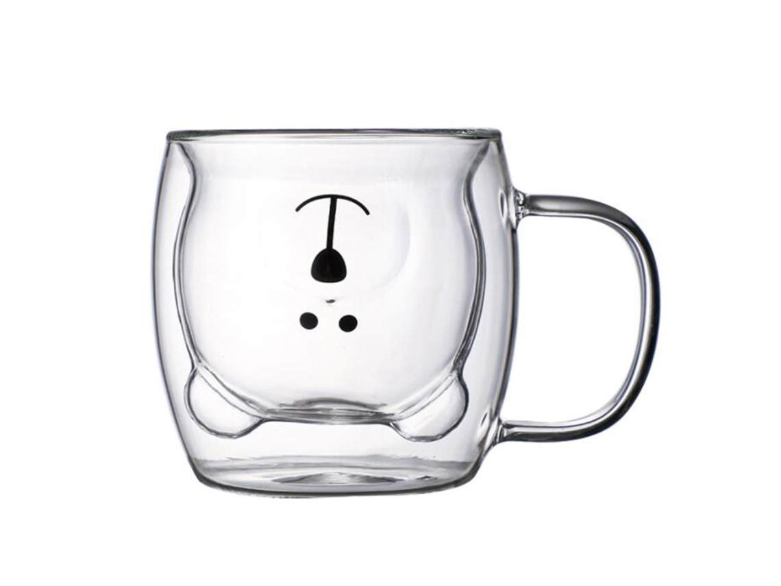 Taza de doble cristal con asa de oso, ideal para café con leche, desayuno en casa