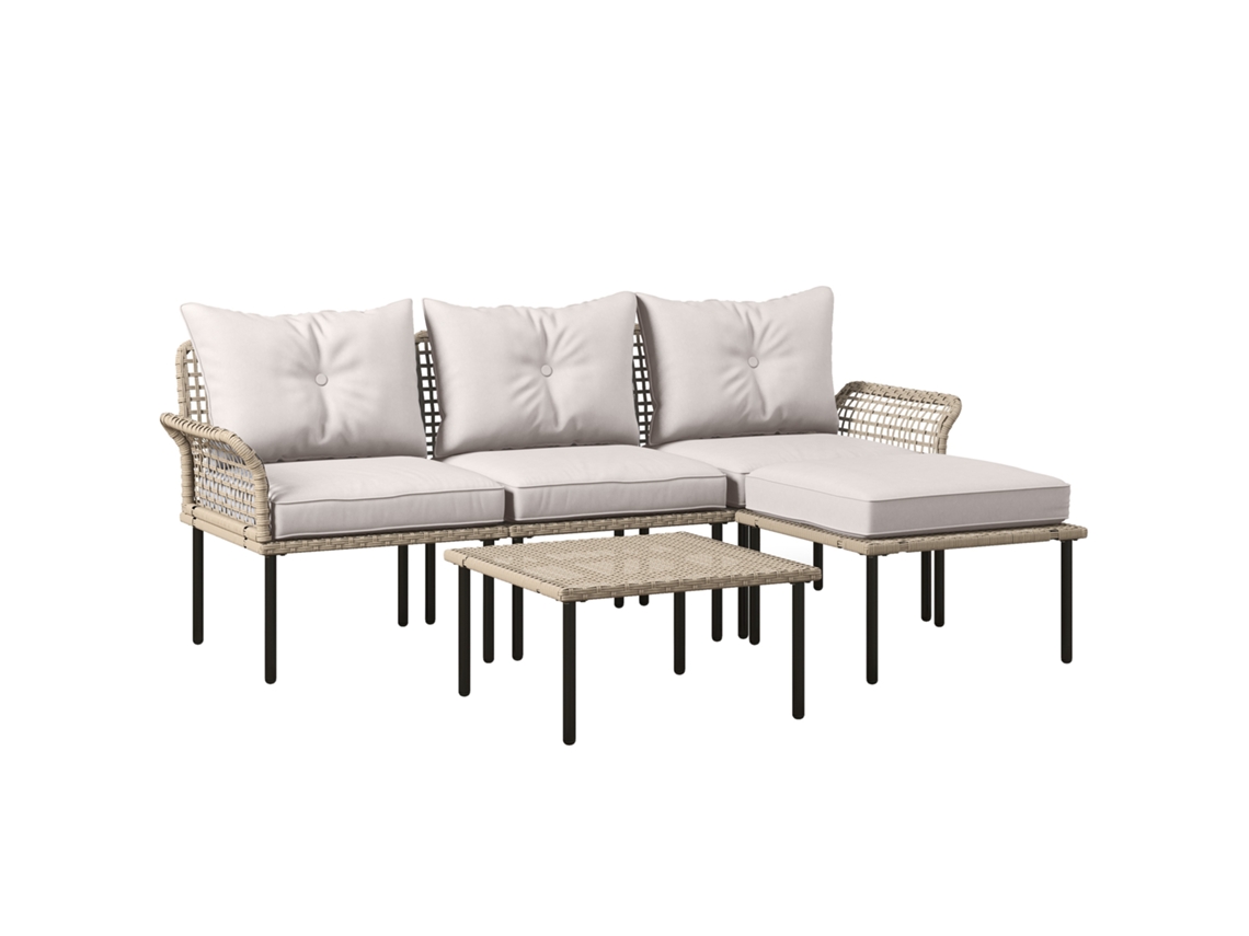 Conjunto De Ratán Con 4 Módulos: Sofá, Mesa De Centro Y Cojines Color Crema.