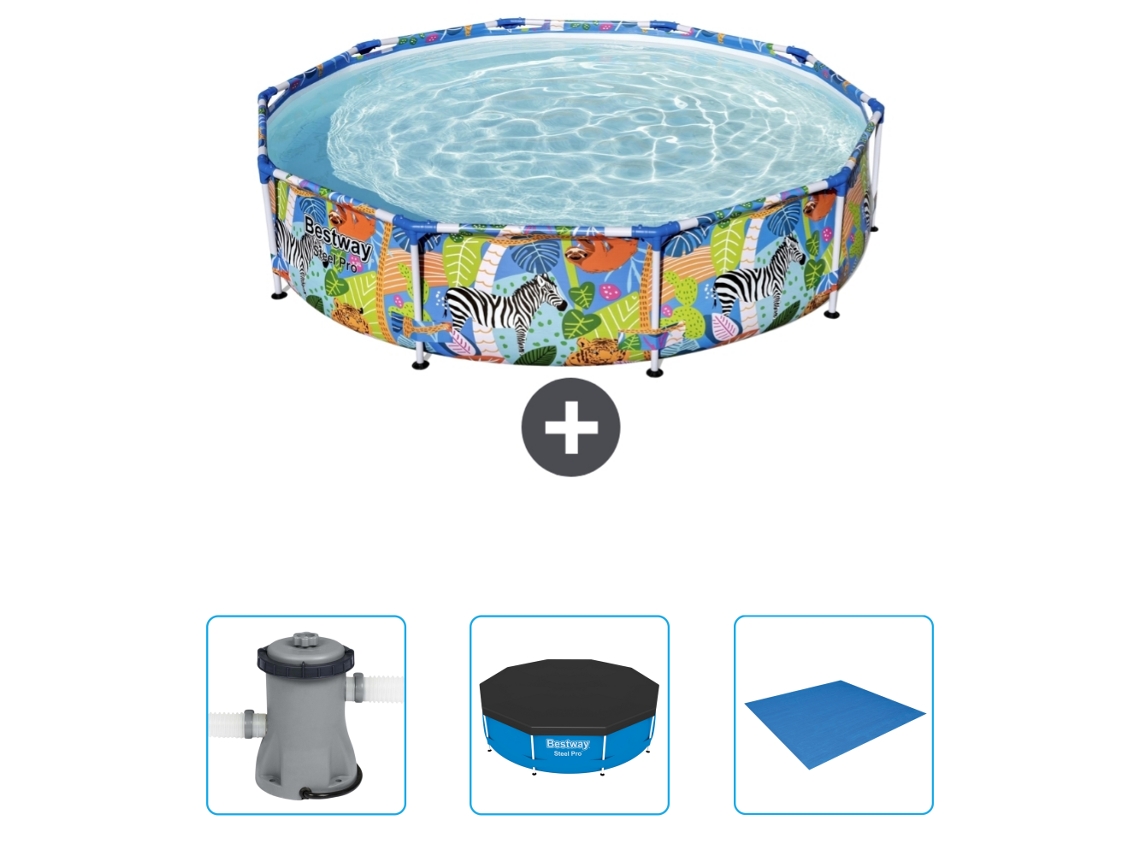 Piscina BESTWAY Round Steel Pro - 305 x 66 cm - Estampado Selva - Incluida Bomba - Cubrir - Suelo