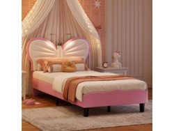 Cama Infantil De 90x200 Cm, Cama Individual Led Para Niñas, Cama Juvenil Tapizada Con Cabecero Ajustable, Sin Colchón, Rosa.