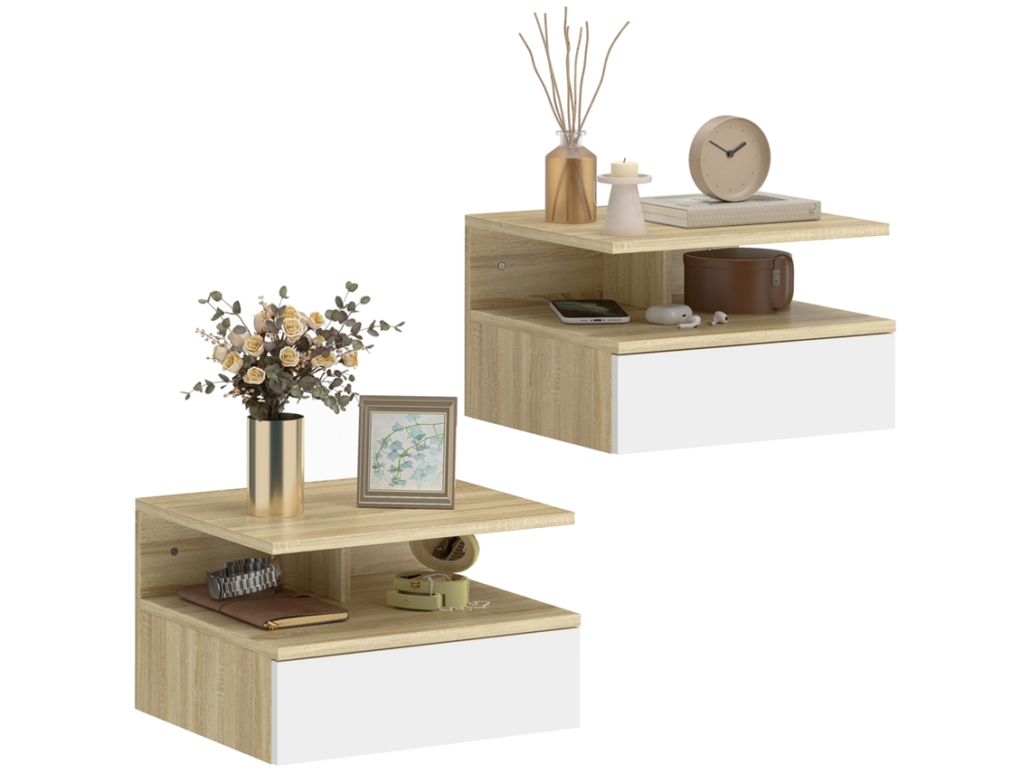 2 Mesitas De Noche Colgantes De Pared Con Cajones, Roble Blanco, 35x32x22,5