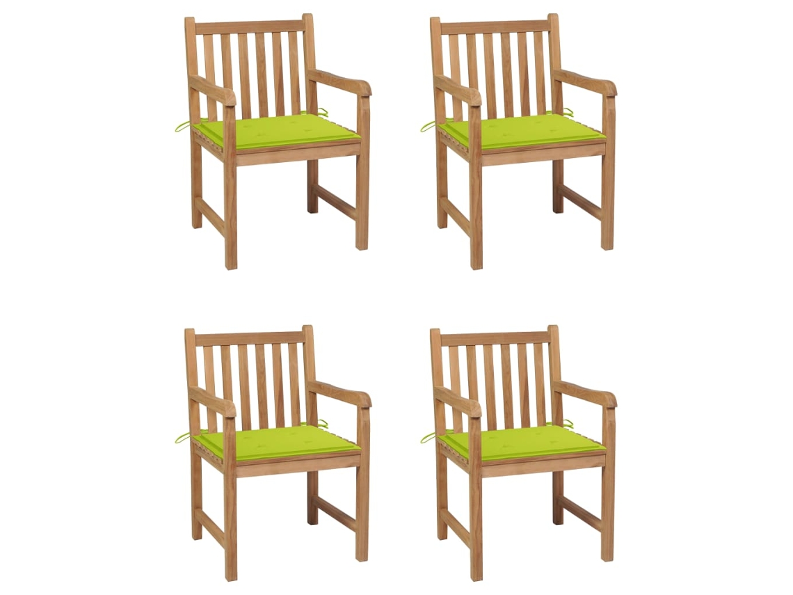 Sillas de jardín con cojines en verde brillante, 4 piezas, teca maciza, DKD Home Decor