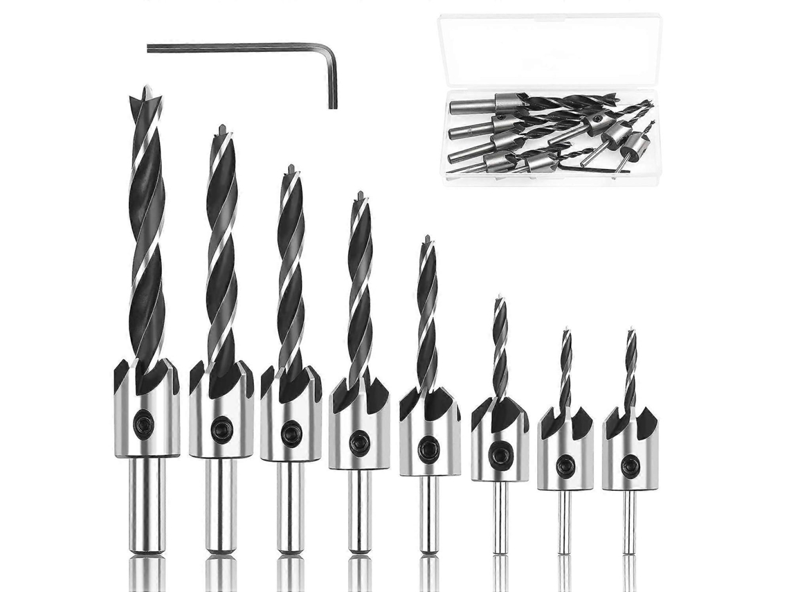8 Brocas Conicas De Acero Hss Para Madera 3-10mm Herramientas De Taladrado Con Caja De Almacenamiento Y Llave Hexagonal
