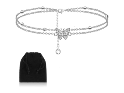 Tobilleras De Mariposa De Plata De 14 Quilates Para Mujer - Ajustables, Diseño Doble, Hipoalergénicas, Regalo Ideal