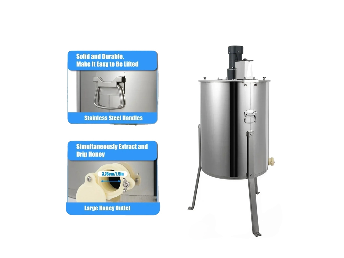 Extractor de miel, funcionamiento eléctrico, construcción de acero inoxidable, color plata.