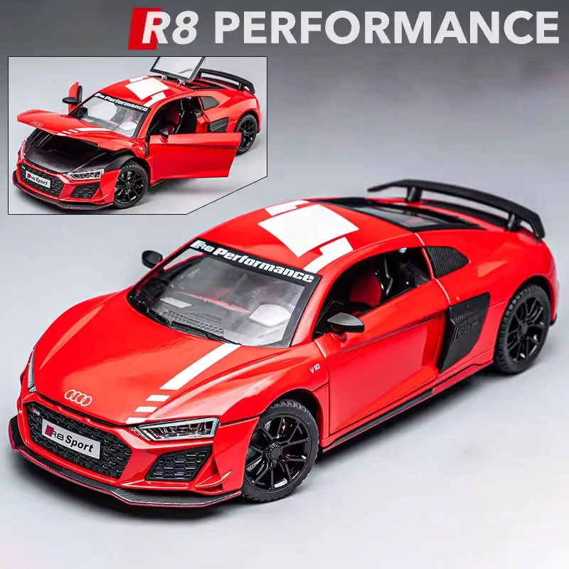 (r8 Rojo) Escala 1:24 - Coche deportivo en miniatura de aleación de metal - Sonido y luz simulados