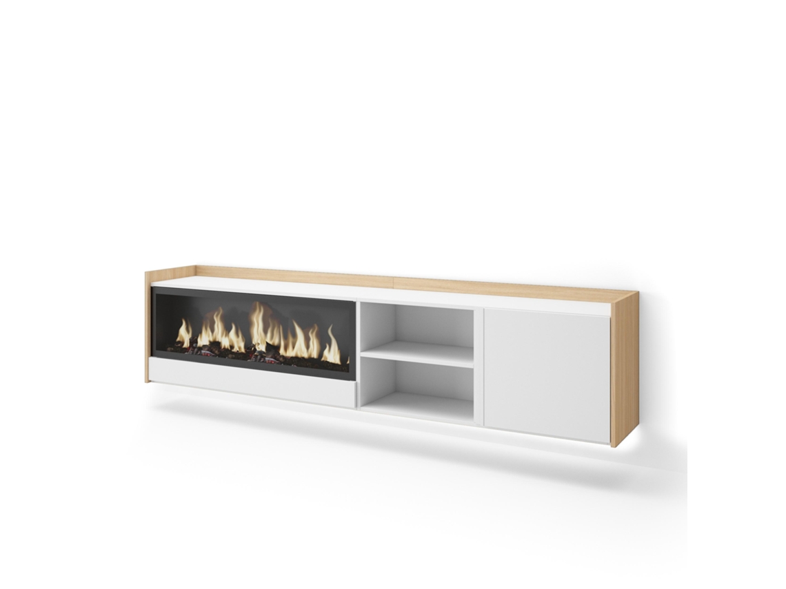 Mueble Tv, Televisión, 212x35x50cm, Para Tv Hasta 80", Chimenea Eléctrica Xxl, Colgado, Suspendido, Led, Blanco Y Roble Soft