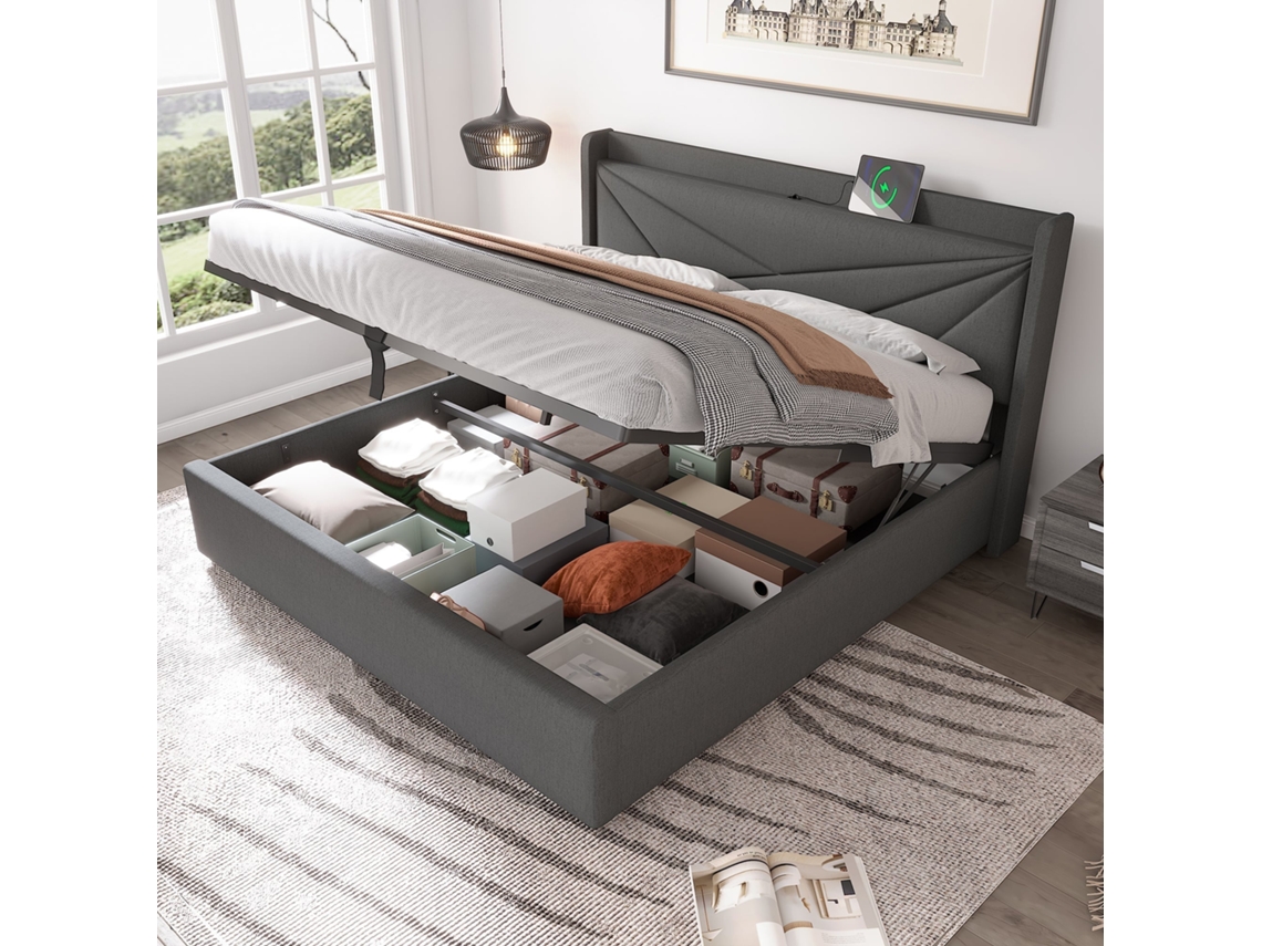 Cama 160x200cm, Almacenamiento Integrado, Cargador Usb-c, Cabecero Acolchado, Base De Láminas De Madera, Robusta 300kg, Sin Colchón, Gris
