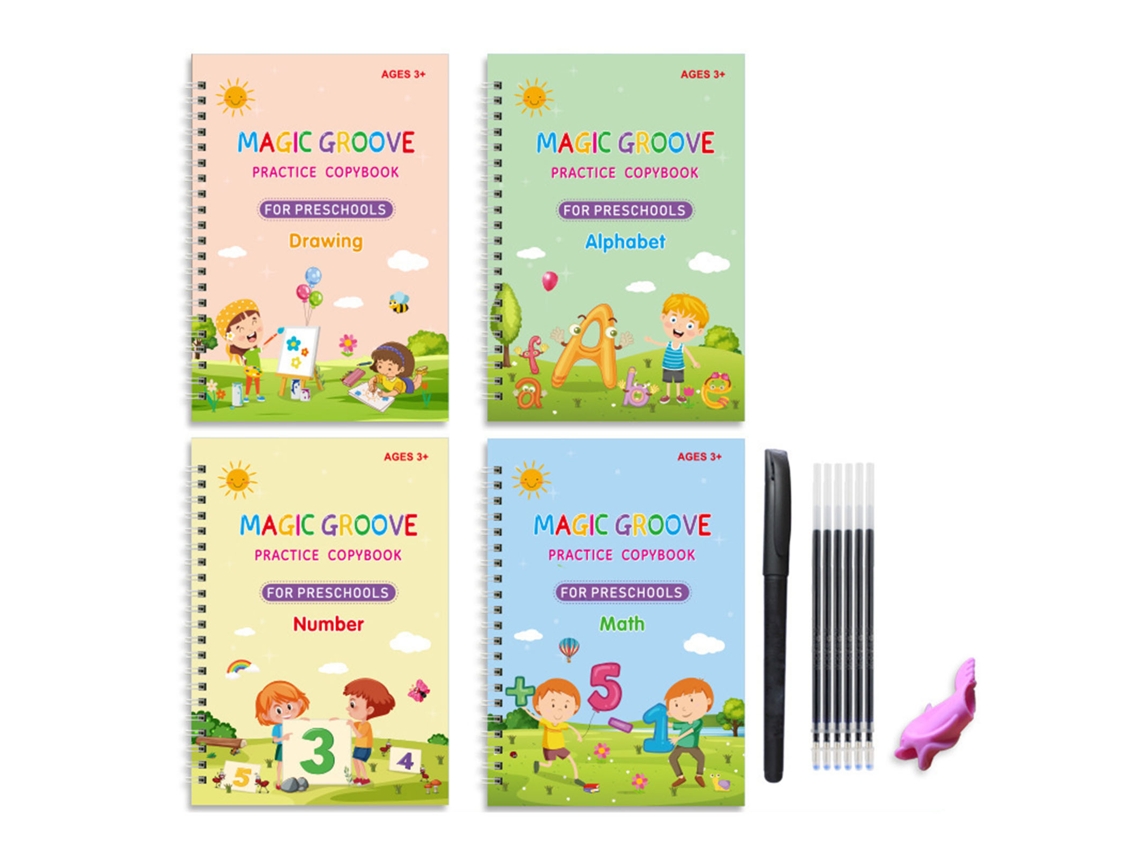 Cuaderno de ejercicios para niños de 3 a 8 años, 4 unidades, reutilizable, para practicar la escritura a mano.