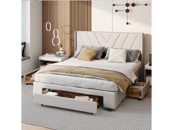 Cama Matrimonial Grande 160x200cm Con 3 Cajones, Cama Tapizada De Adulto Con Almacenaje Extra Y Cabecero Ancho En Lino Beige