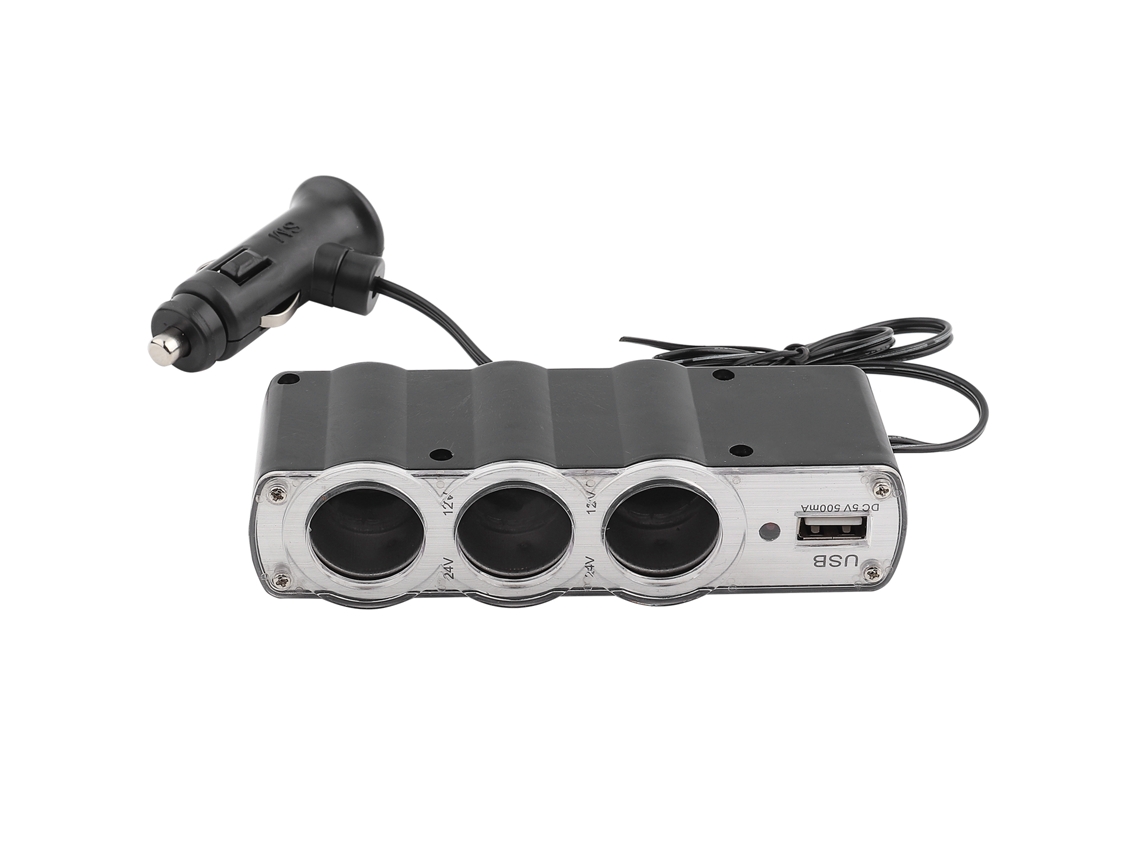 Divisor De Tomada De Acendedor De Cigarro Para Carro 3 Tomadas Com Porta Usb Carregador Dc 12v/24v