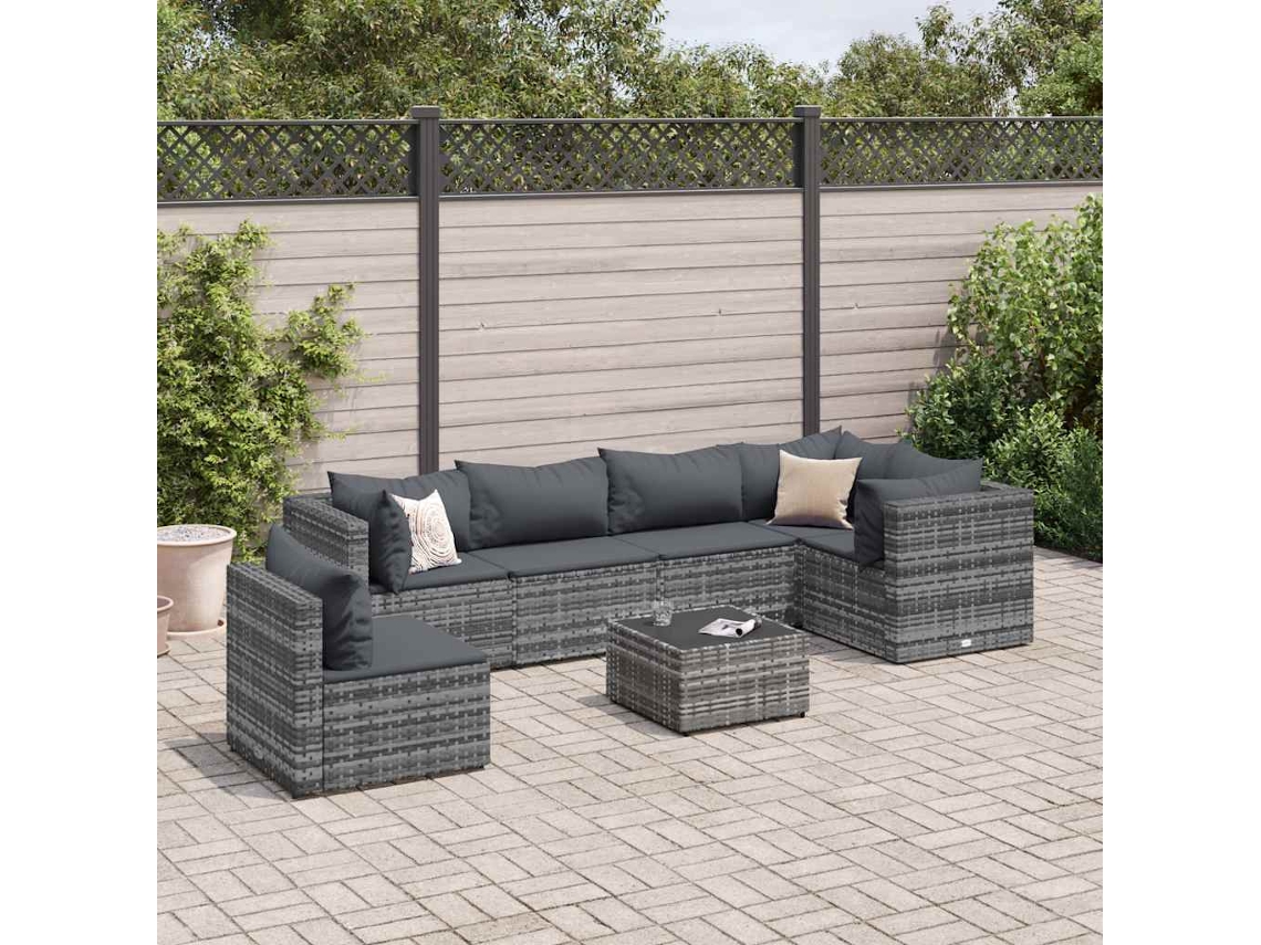 Conjunto de jardín de 7 piezas con cojines, ratán gris, DKD Home Decor