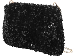 Bolso De Hombro Con Cadena Para Mujer, Bolso De Mano Negro Brillante En Poliéster Y Metal, Compacto Y