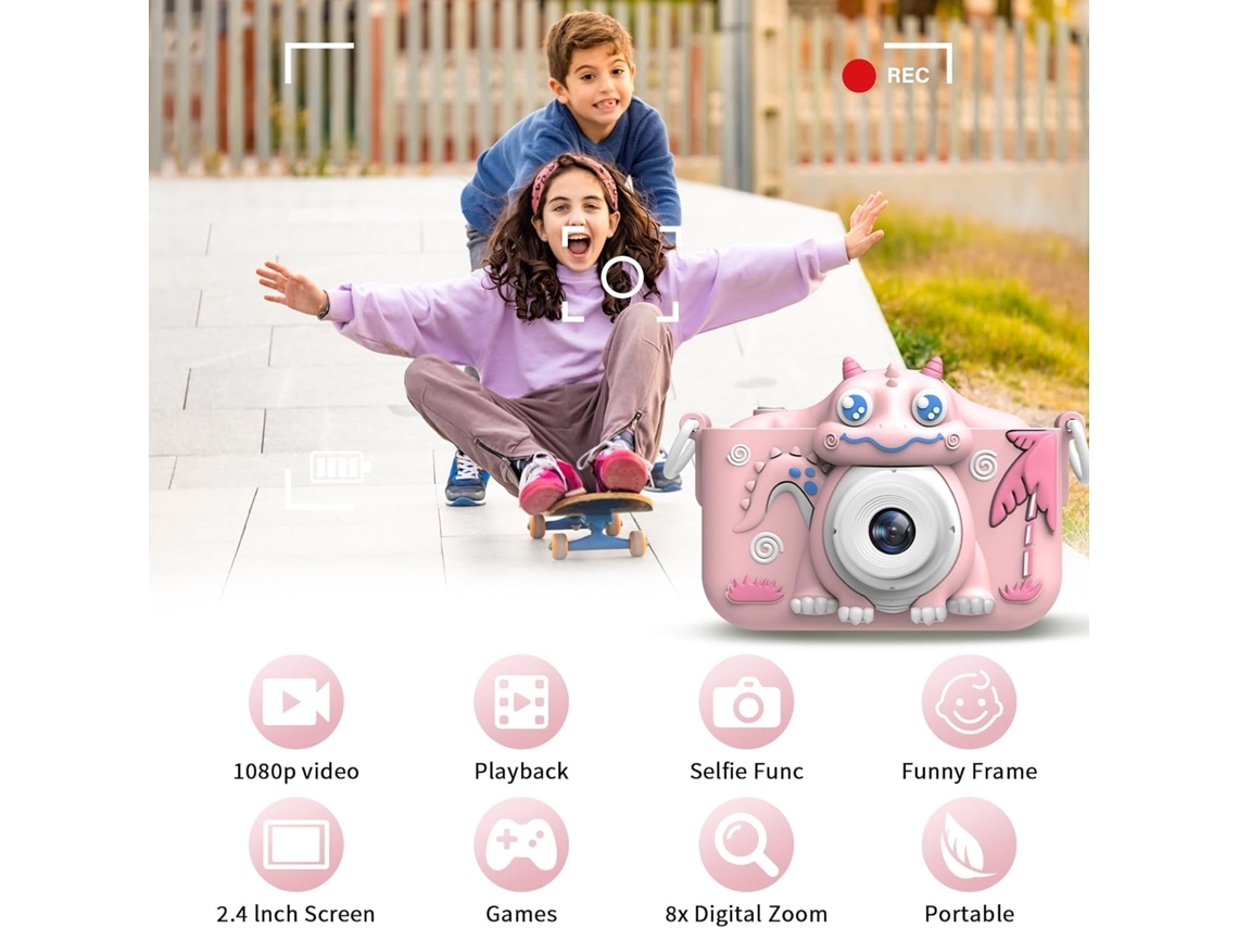 Cámara digital para niños, HD 1080p, 32 GB, con funda de silicona suave con dibujos animados, color rosa, Yemaesre