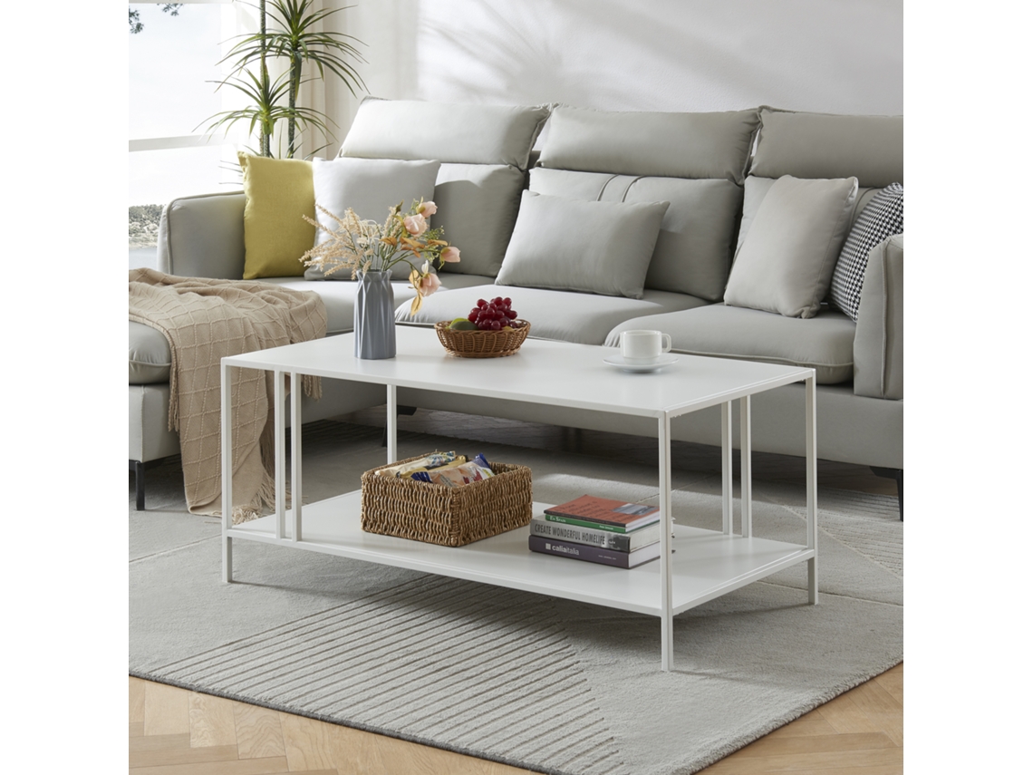 Mesa de centro Kumlinge rectangular con 1 estante metal 47 x 110 x 55 cm Blanco [EN.CASA]