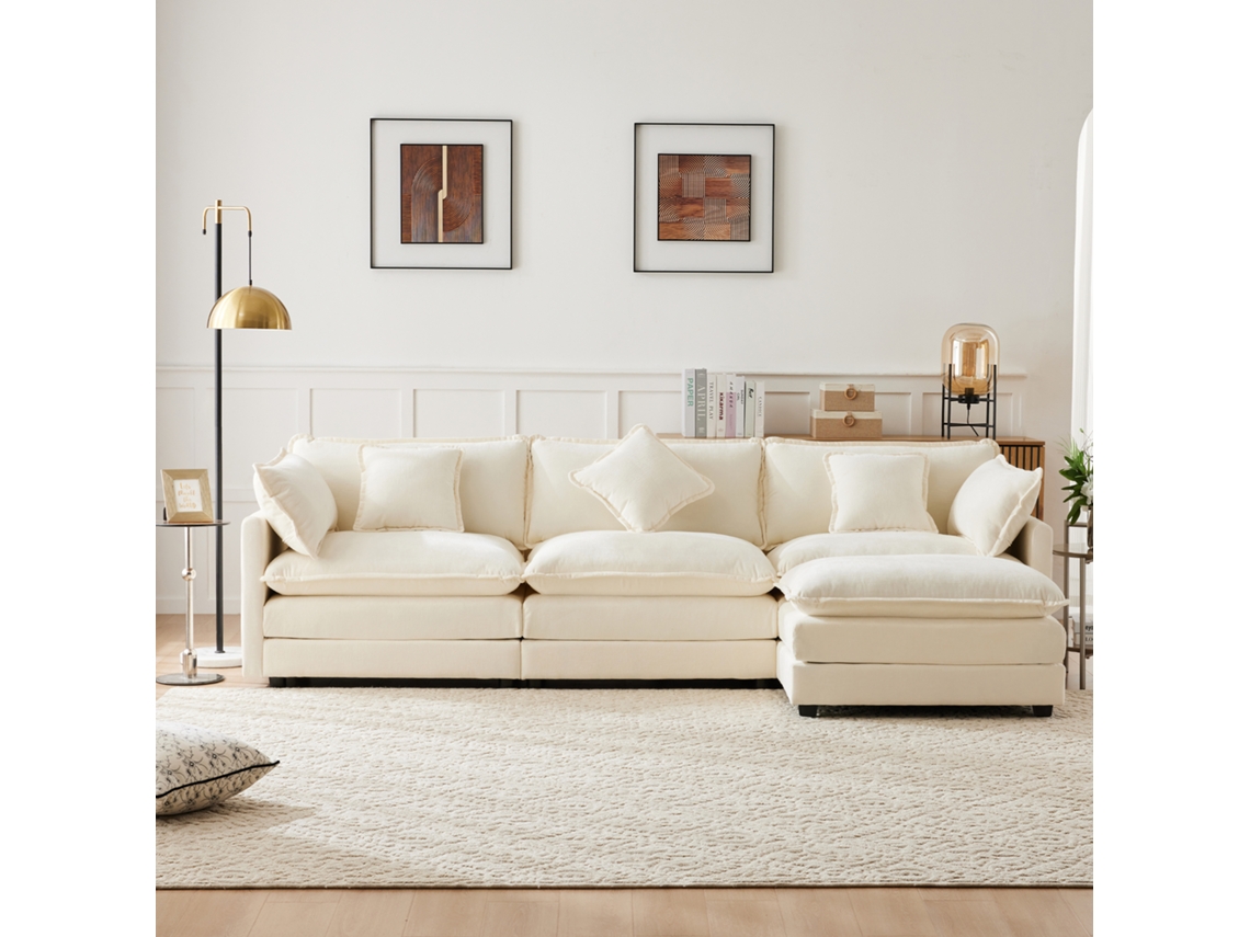Sofá Esquinero De Chenilla De 3 Plazas Con Reposapiés Modular - Beige