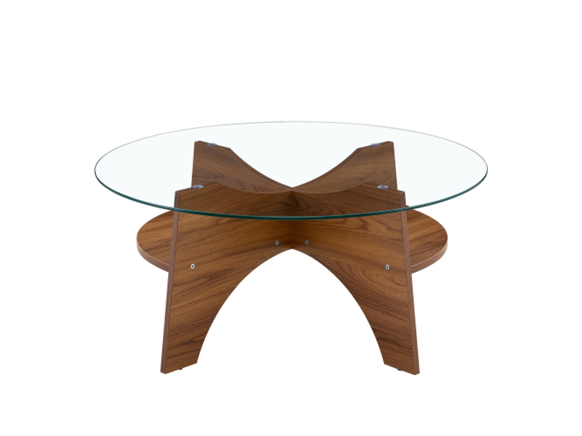 Mesa de centro redonda de 80 cm de diámetro, cristal de seguridad, madera de nogal, Ziwei Store