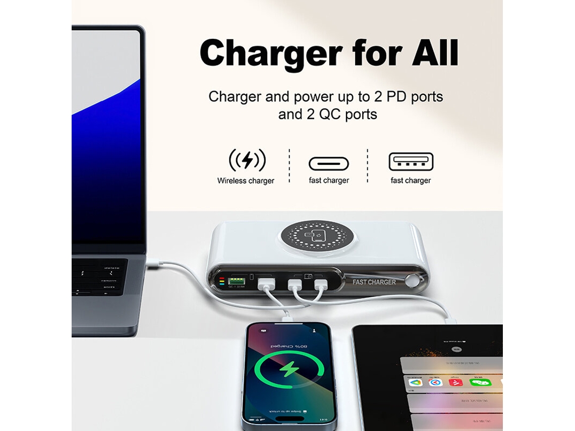 Cargador Bakeey Wlx-f9a De 72 W Con 4 Puertos Usb Pd Y Base Magnética Inalámbrica, 2 Usb-a Y 2 Usb-c Pd Qc3.0