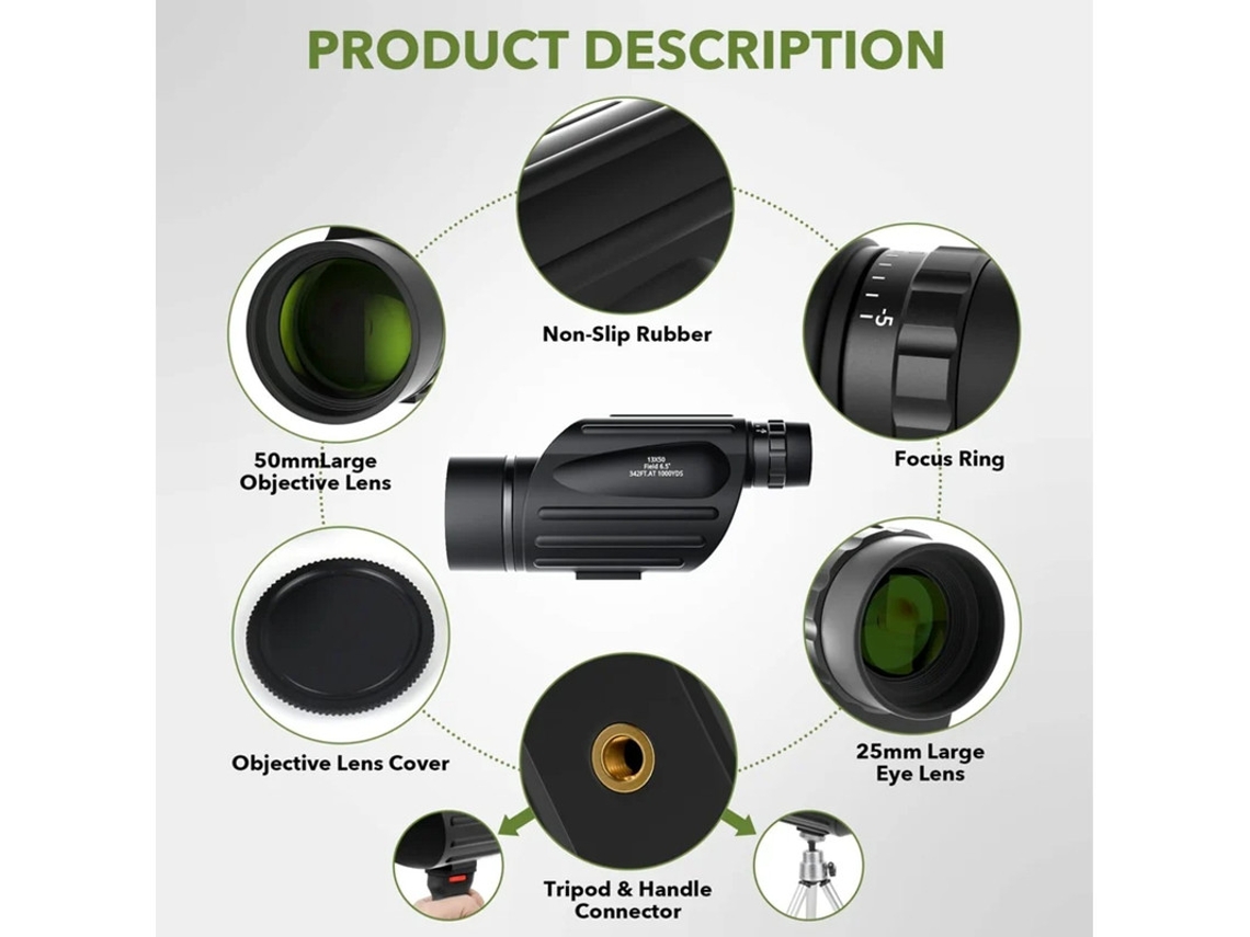 Telescopio monocular con zoom de alta potencia, prisma Bak4, lente FMC, mango y adaptador para teléfono inteligente para observación. Yizhood