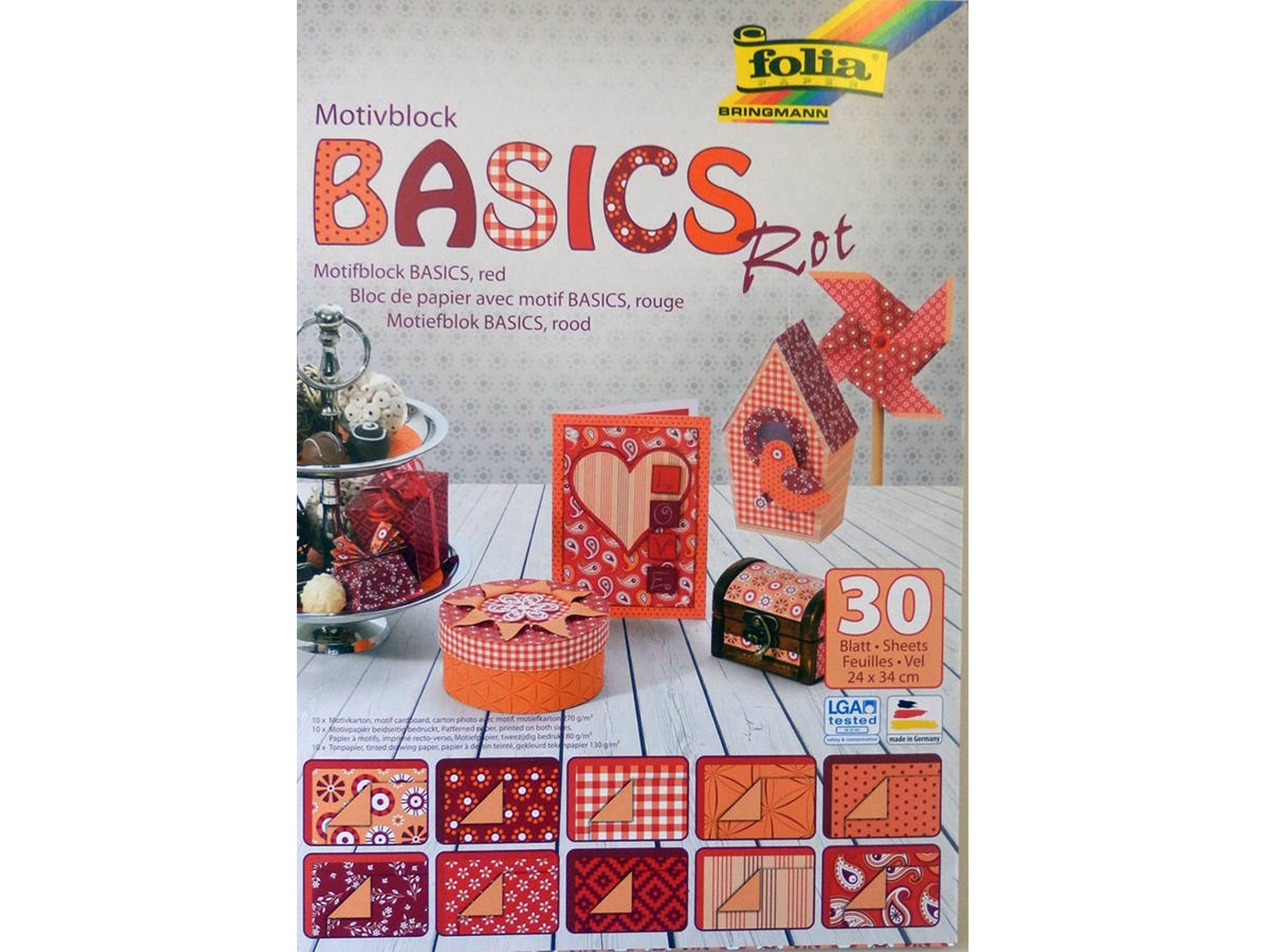 30 Hojas de Papel Creativo FOLIA Basics Rojo