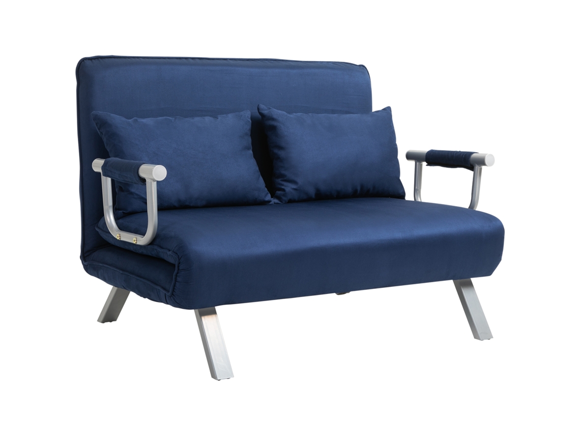 Sofá-cama 2 Lugares Veludo Encosto Ajustável Função Cama Almofadas Decorativas Azul Sala Estar Quarto