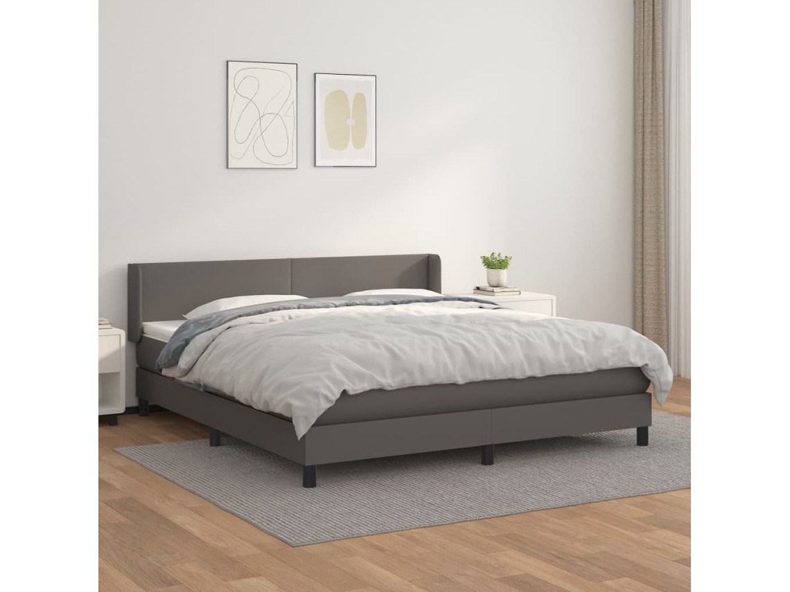 Cama Box Spring Con Colchón Cuero Sintético Gris 160x200 Cm