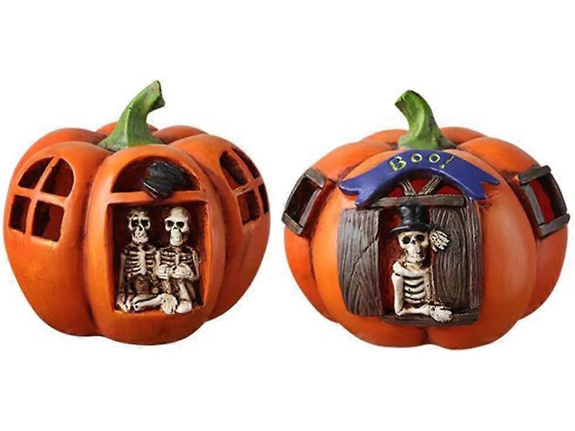 Rebe-lámpara De Calabaza De Halloween Led De Resina Con Calavera Luz Nocturna Decoración Jardin 2 Piezas Esculturas