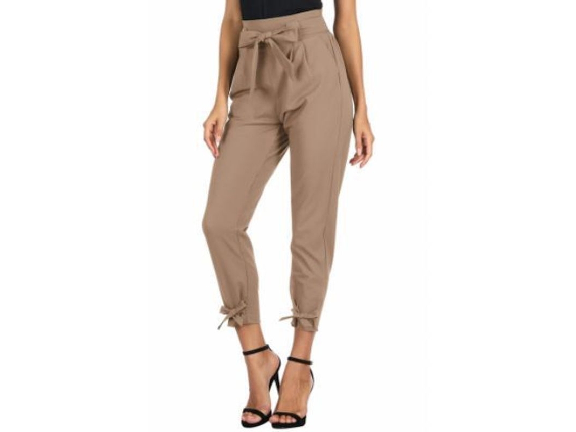 2026-pantalones Casuales De Mujer De Cintura Alta Con Bolsillos De Moño Para Trabajo S Café Claro