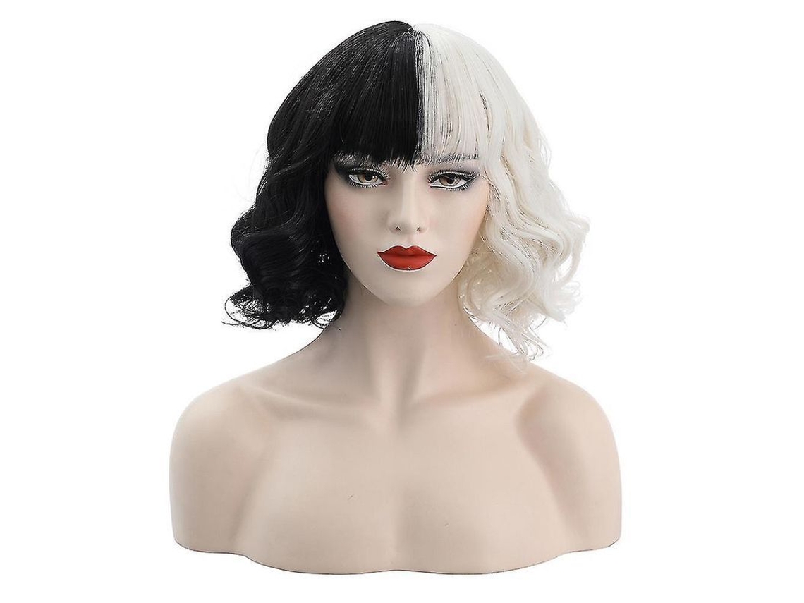 Peluca De Cruella De Vil Para Mujer, Corta, Rizada, De Pelo Sintético Blanco Y Negro, 32 Cm.
