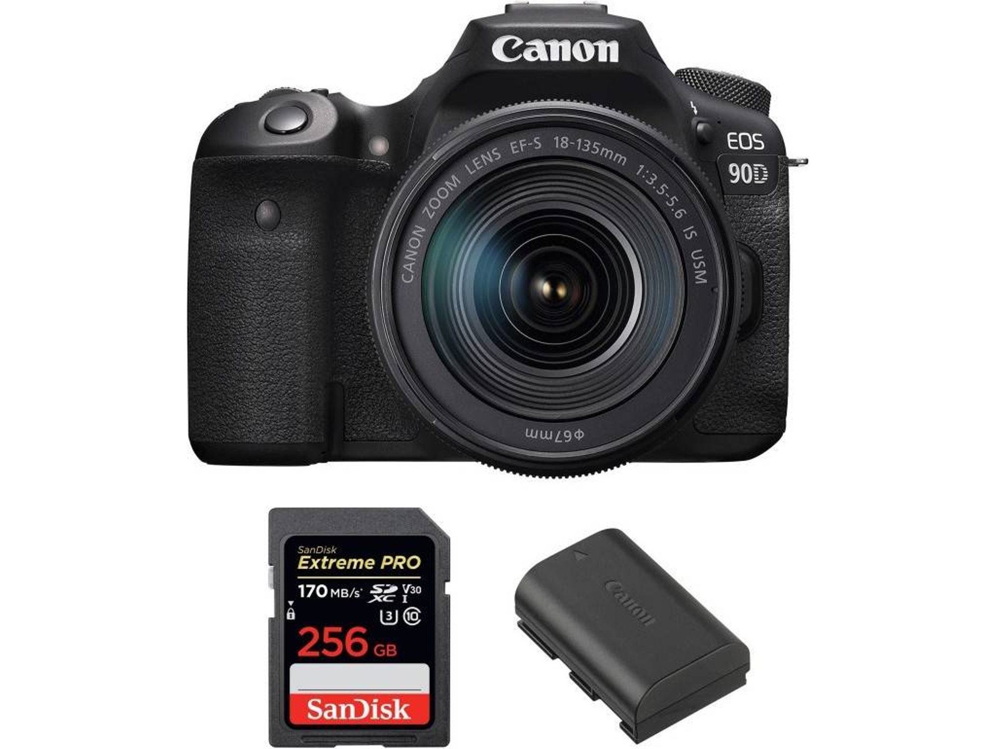 Kit Cámara CANON EOS 90D + 18-135mm f/3.5-5.6 IS USM + SanDisk 256 GB + Batería (APS-C)