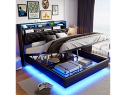 Cama Doble 140x200cm Flotante Con Almacenamiento Hidráulico Y Led Rgb, Cama Tapizada Moderna De Cuero Pu Con Usb-c/a Para Adultos, Negro