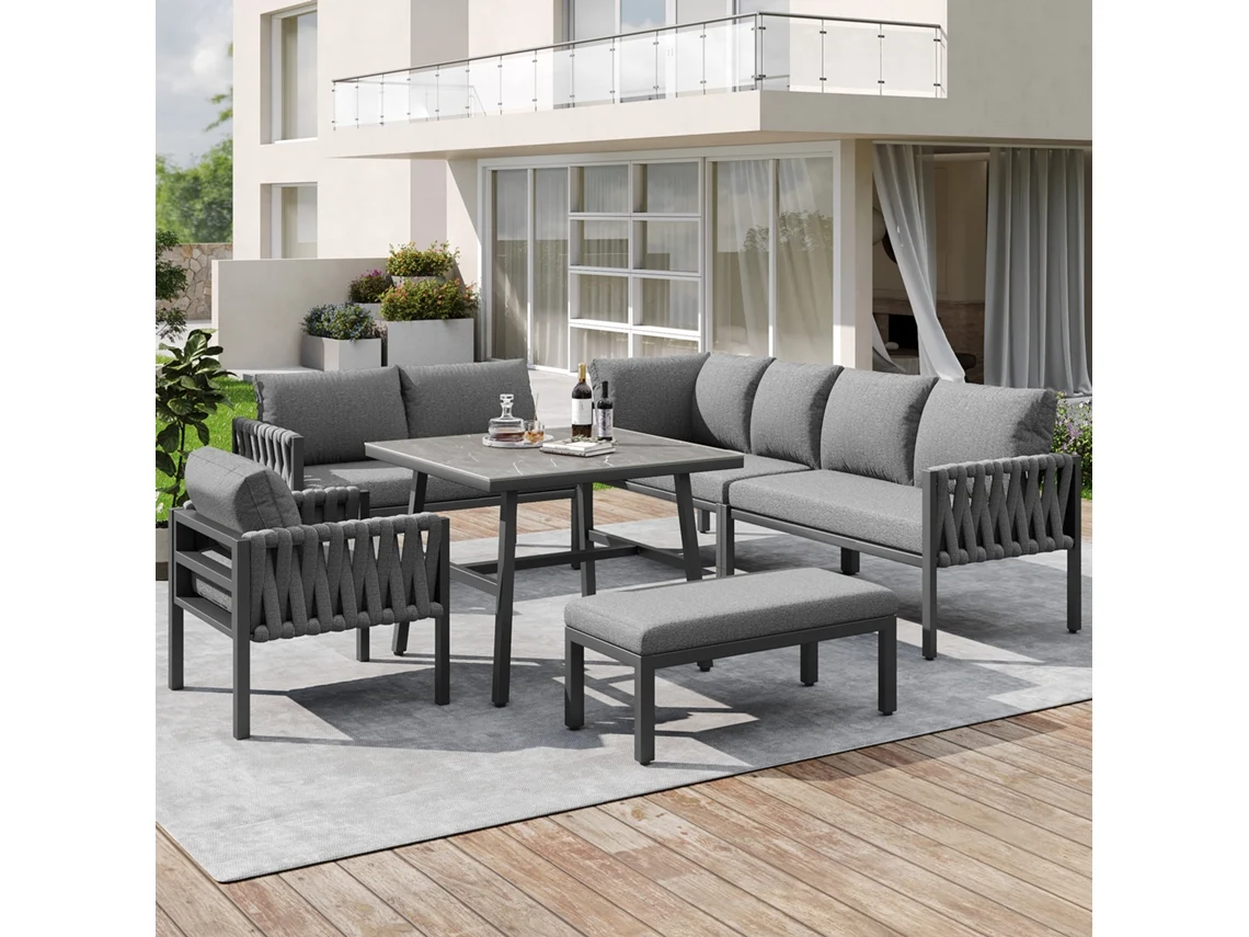 Conjunto De Muebles De Jardín: Cuerda Y Hierro, Sofá Esquinero, Mesa De Cristal, Gris.