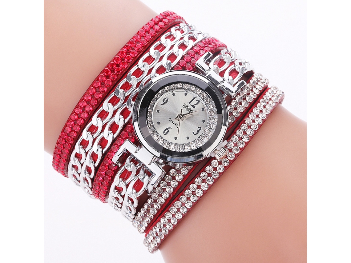 Reloj De Pulsera De Terciopelo Para Mujer Con Brazalete De Piedras Preciosas Multicapa Y Movimiento De Cuarzo (rojo).