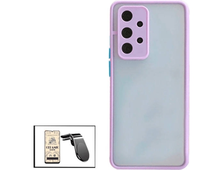 Kit Funda Antichoque, Cristal Templado CeramicGlass Full Cover y Soporte Magnético L Safe Driving Coche Samsung Galaxy M32 5G PHONECARE Lila
