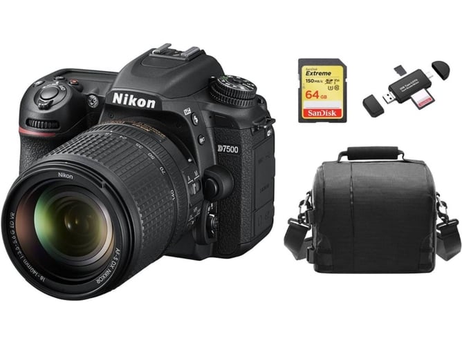 Kit Cámara Réflex NIKON D7500 AF-S 18-140MM F3.5-5.6G ED VR DX + SD 64GB + Funda + Lector Tarjetas