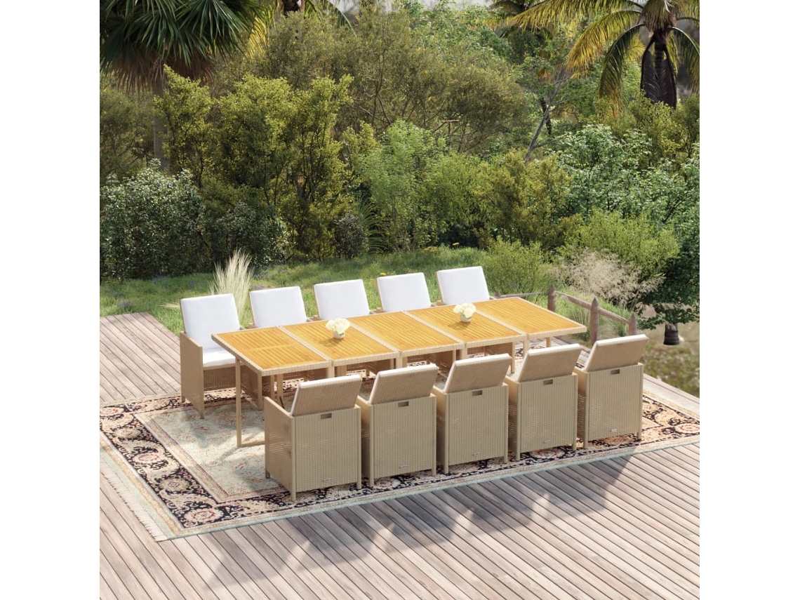 Conjunto 11 Piezas Jantar P/ Jardim C/ Almofadões Vime Pe Bege Dkd Home Decor