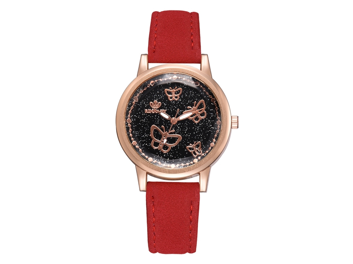 Elegante Reloj De Pulsera De Moda Para Mujer, Esfera Redonda Con Cielo Estrellado, Piel Sintética, Cuarzo, Color Rojo.