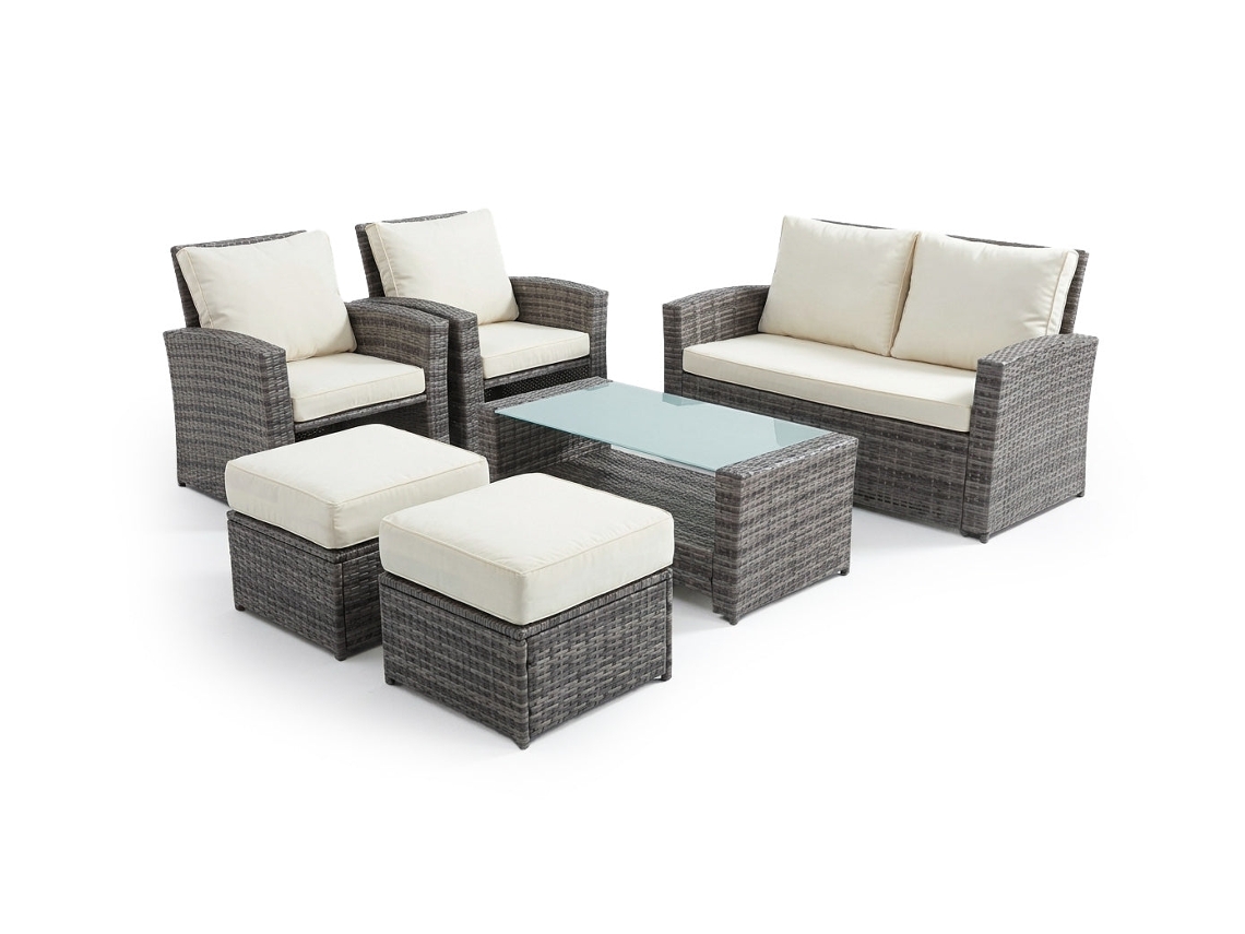 Sofa + 2 Sillones + 2 Pufs + Mesa De Centro En Ratan Pe. Muebles De Jardin Y Terraza, Ratan Gris