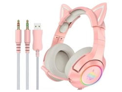 Auriculares K9 Cat rosas de 3,5 mm con iluminación RGB, ideales para juegos. Incluyen soporte para auriculares y cable adaptador.