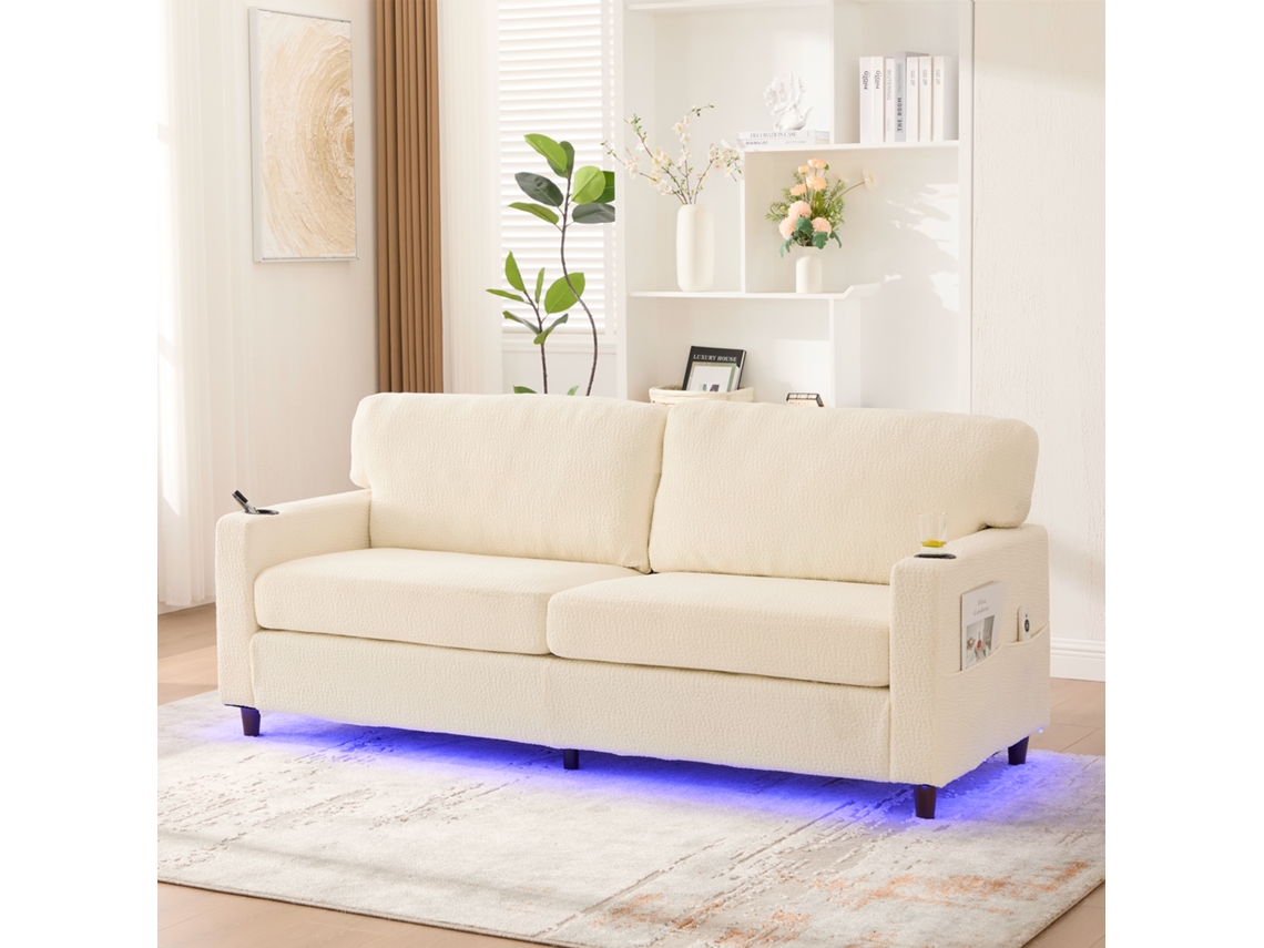 Sofá Chenille 2 Plazas - Usb-c, Led Ambiente, Portavasos, Bolsillos Laterales - Beige