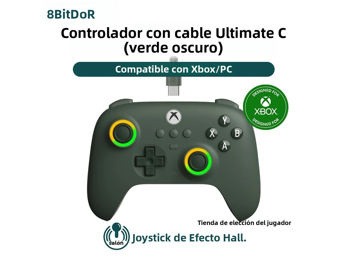 (verde Oscuro) Mando Xbox Con Cable, Iluminación Rgb, Anillo De Llama Y Joysticks De Efecto Hall