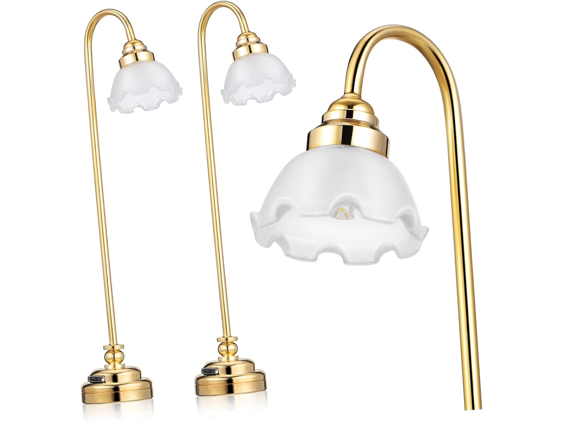 Lámpara De Mesa Miniatura Para Casa De Muñecas De 2 Piezas Con Diseño Floral Dorado, Iluminación Inalámbrica, Decoración