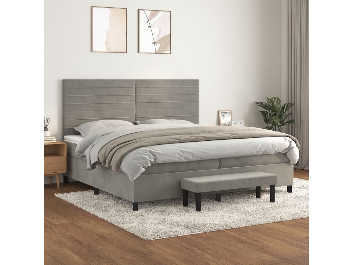 Cama Box Spring Con Colchón Terciopelo Gris Claro 200x200 Cm