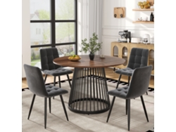 Conjunto De Comedor 5 Piezas, Mesa Redonda De 80 Cm En Mdf Color Nogal Con Patas Negras Y 4 Sillas De Terciopelo