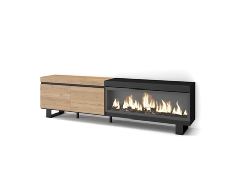 Mueble TV, Televisión, 210, Para TV hasta 80, Chimenea eléctrica XXL, Diseño industrial, Roble y negro SKRAUT HOME