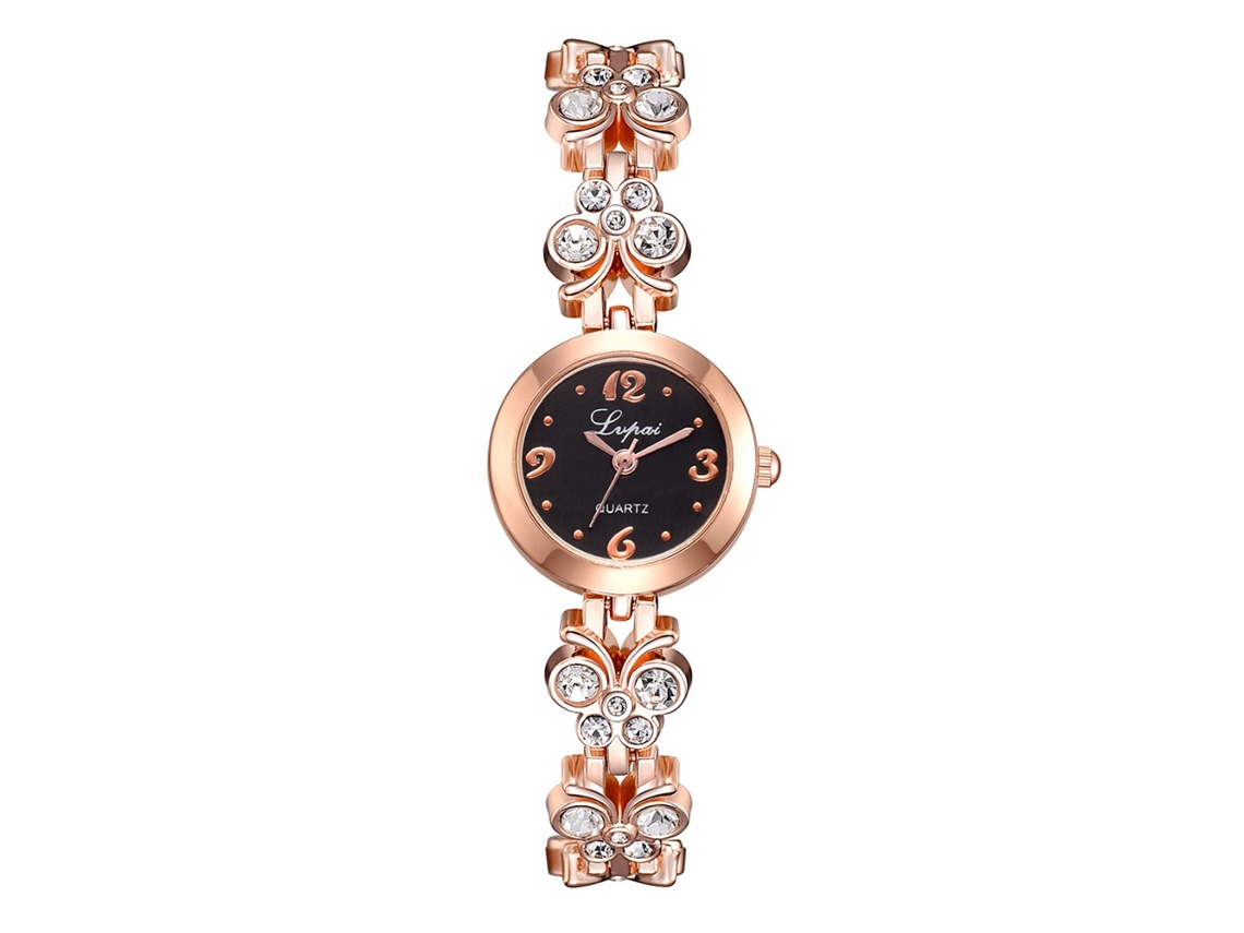 Reloj De Mujer Con Brazalete De Aleación Y Diamantes De Imitación, Esfera Redonda, Reloj Analógico De Cuarzo Color Oro Rosa, Negro.