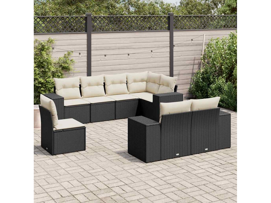 Conjunto de 8 sofás de jardín con cojines de mimbre sintético negro, Dkd Home Decor