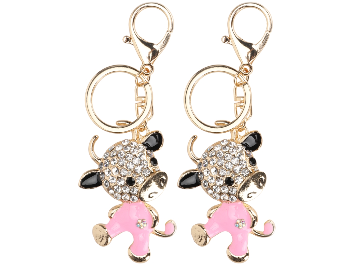 2pcs Porta chaves de Metal com Pingente Zodíaco Vaca Desenhado Estudado com Diamantes para Decoração de Carro