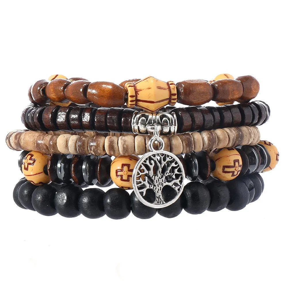 Pulsera De Cuentas De Madera, Pulsera Con Cruz Del Árbol De La Vida Para Meditación Y Yoga